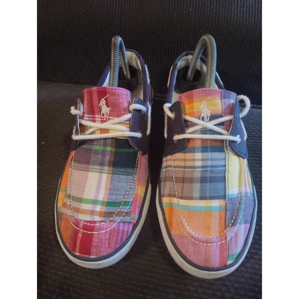 Polo by Ralph Lauren Shoes Mens 5.5 Womens 7 Madras Canvas Boat Deck Loafers‎